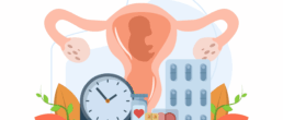 Illustration of female reproductive system with fetus, clock, and fertility medications.