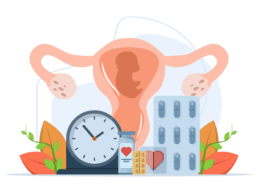 Illustration of female reproductive system with fetus, clock, and fertility medications.