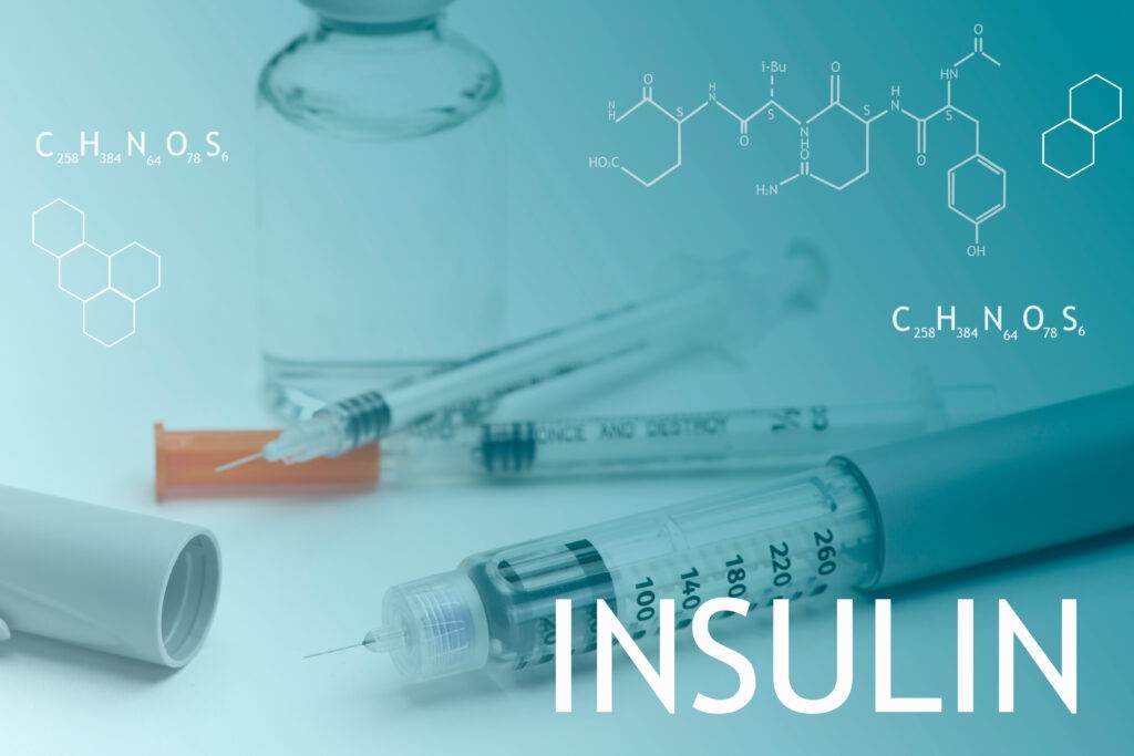 Close-up of insulin syringes and a vial with molecular structures and the word “INSULIN” overlaid on a blue gradient background