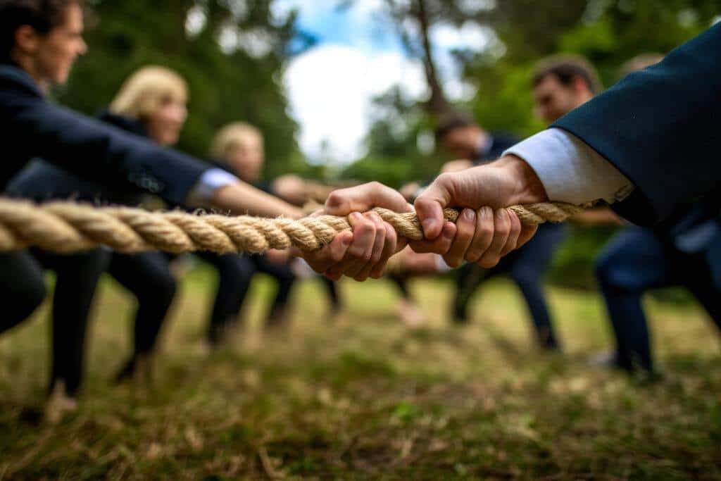 Close-up of two teams in formal attire playing tug of war, pulling on a thick rope during an outdoor team-building activity