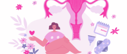 Illustration of a woman sitting peacefully, surrounded by feminine symbols including a uterus diagram, menstrual calendar, menstrual cup, sanitary pad, and flowers, representing menstrual health and perimenopause awareness.
