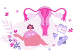 Illustration of a woman sitting peacefully, surrounded by feminine symbols including a uterus diagram, menstrual calendar, menstrual cup, sanitary pad, and flowers, representing menstrual health and perimenopause awareness.