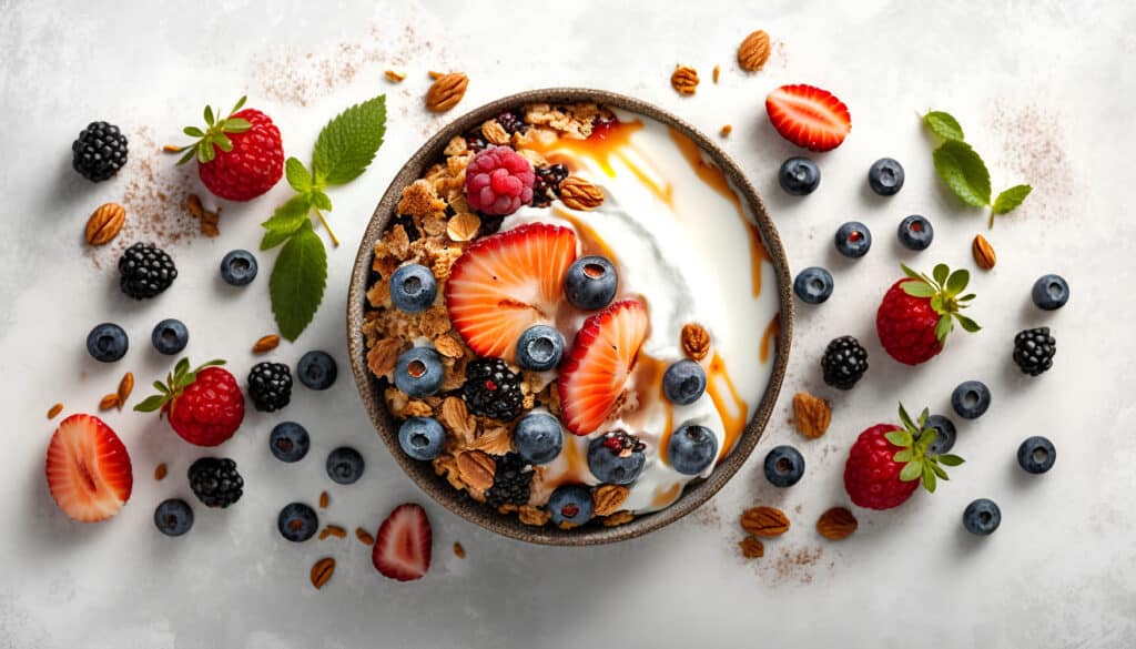Bowl with probiotic-rich yogurt, berries and granola