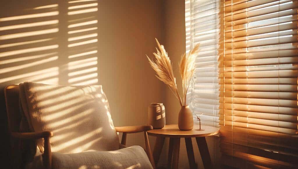 Warm morning sunlight streaming through window blinds onto a cozy chair and wooden side table with dried pampas grass - evoking a calm, restful atmosphere.